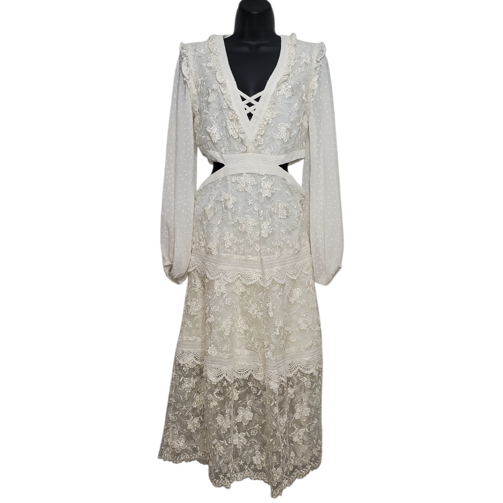 ALEXIS for Target Cream/Ivory Lace Cut Out Tiered Maxi Dress XS Long Sleeve Ruff - Picture 2 of 6